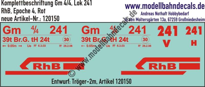 Nass-Schiebebilder: Komplettbeschriftung Gm 4/4 (Lok 241) der RhB (Rhätische Bahn), Variante Rot, Epoche 4, Entwurf Tröger-2m, Art. 120150.