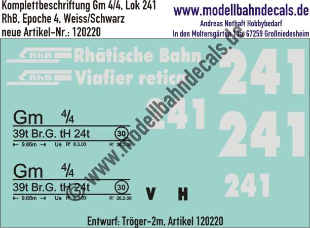 Nass-Schiebebilder: Komplettbeschriftung Gm 4/4 (Lok 241) der RhB (Rhätische Bahn), Variante Weiss/Schwarz, Epoche 4; Entwurf Tröger-2m, Art. 120220.