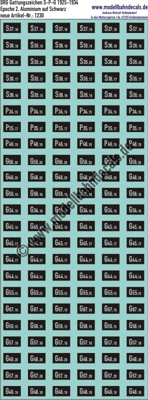 Nass-Schiebebilder: DRG Gattungszeichen S-P-G 1925-1934 Aluminium auf Schwarz. Artikel-Nummer: 1230