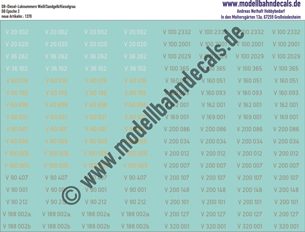 "Nass-Schiebebilder: Loknummern DB Diesel V20-V320, Weiss, Sandgelb, Grau. Artikel-Nummer: 1370"