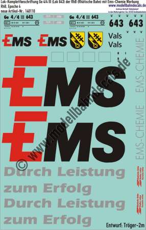 Nass-Schiebebilder: Lok-Komplettbeschriftung Ge 4/4 III (Lok 643) der RhB (Rhätische Bahn) mit Ems-Chemie Werbung; Entwurf Tröger-2m, Art. 140110