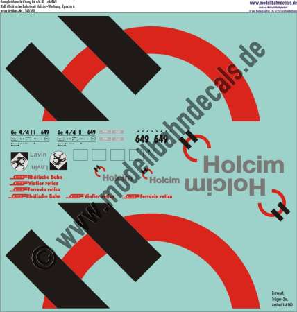 Nass-Schiebebilder: Komplettbeschriftung Ge 4/4 (Lok 649) der RhB (Rhätische Bahn), Werbelok Holcim, Epoche 4, Entwurf Tröger-2m, Art. 140160.
