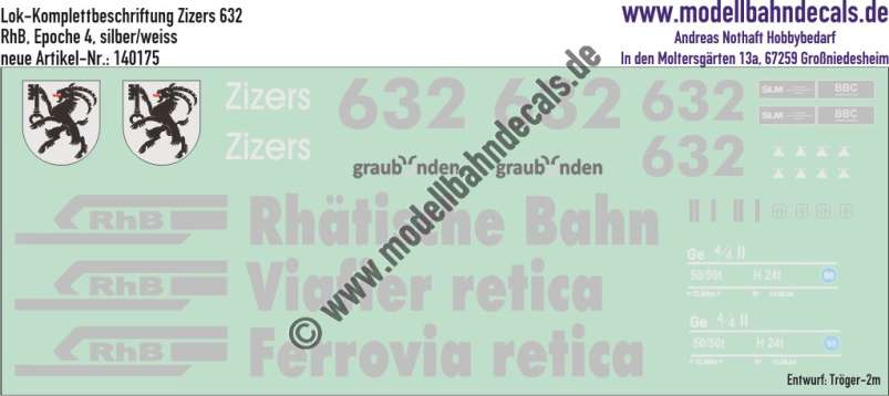 Nass-Schiebebilder: Lok-Komplettbeschriftung Ge 4/4 II (Lok 632, Zizers) der RhB (Rhätische Bahn), Epoche 4; Entwurf Tröger-2m, Art. 140175