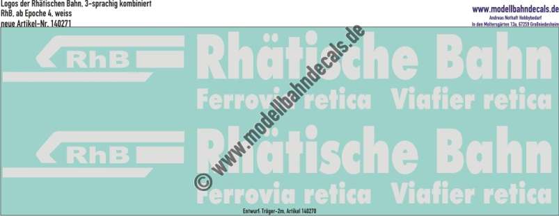 Nass-Schiebebilder: XL-Logos der Rhätischen Bahn, 3-sprachig kombiniert, für komplette Seitenbeklebung von RhB-Loks, ab Epoche 4, Weiss, Entwurf: Tröger-2m, Art. 140271.