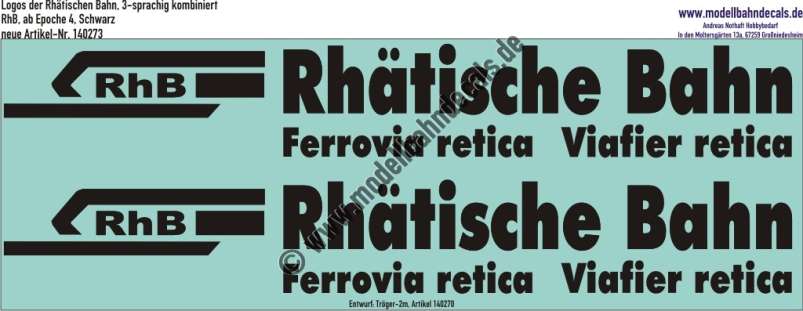 Nass-Schiebebilder: XL-Logos der Rhätischen Bahn, 3-sprachig kombiniert, für komplette Seitenbeklebung von RhB-Loks, ab Epoche 4, Schwarz, Entwurf: Tröger-2m, Art. 140273.