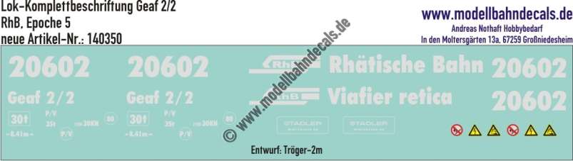 Nass-Schiebebilder: Lok-Komplettbeschriftung Geaf 2/2 (Lok 20602) der RhB (Rhätische Bahn), Epoche 4; Entwurf Tröger-2m, Art. 140350