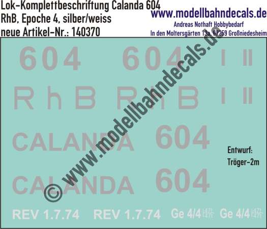 Nass-Schiebebilder: Lok-Komplettbeschriftung Ge 4/4 I (Lok 604, Calanda) der RhB (Rhätische Bahn), Epoche 4; Entwurf Tröger-2m, Art. 140370