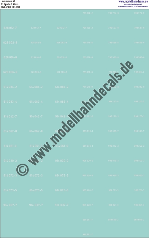 "Nass-Schiebebilder: Loknummern DB VT (614, 914, 628, 928, 795, 995, 798, 998), Epoche 4, Weiss. Artikel-Nummer: 1450"