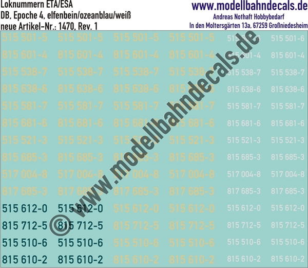 "Nass-Schiebebilder: Loknummern DB 515/517/815/817,  Epoche 4, Elfenbein/Ozeanblau/Weiss. Artikel-Nummer: 1470"