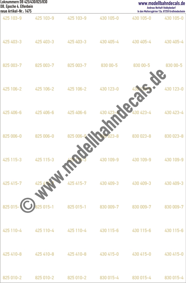 "Nass-Schiebebilder: Loknummern DB 425/430/825/830,  Epoche 4, Elfenbein. Artikel-Nummer: 1475"