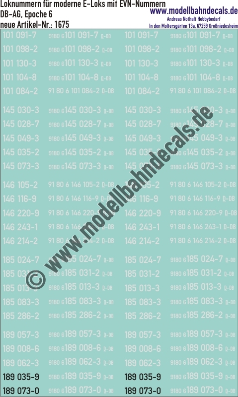 "Nass-Schiebebilder: Loknummern für moderne E-Loks inkl. langer EVN-Nummer, BR 101, 145, 146, 185, 189. Artikel-Nummer: 1675"
