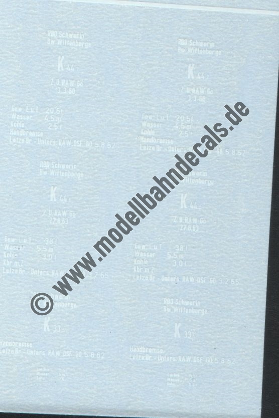 "Nass-Schiebebilder: Sonderangebot Spur 0: Lok-Teilanschriften K 44.5, K 44.7 und K 33.5 Artikel-Nummer: 18076"