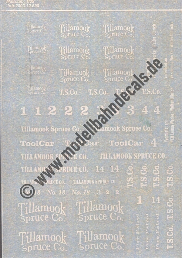 Nass-Schiebebilder: Sonderangebot Spur 1: diverse Fahrzeuganschriften Tillamook Spruce Co. Artikel-Nummer: 18080