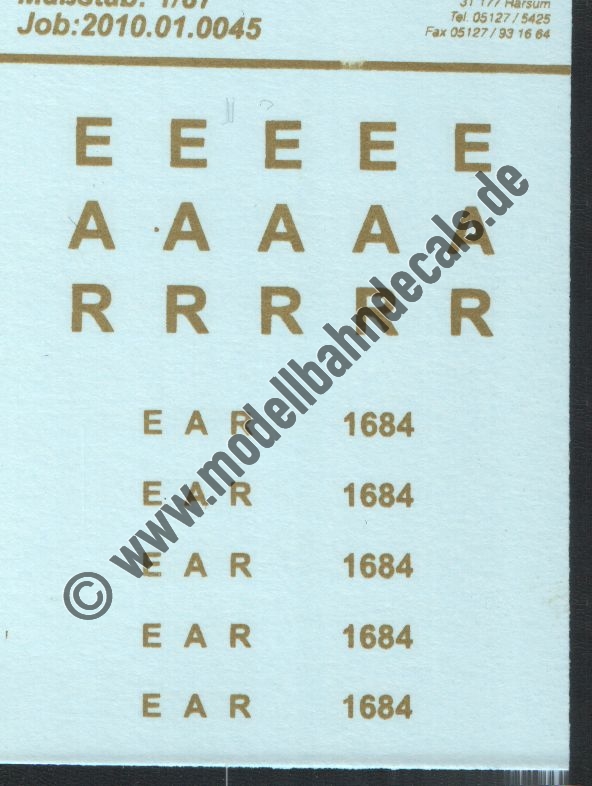 "Nass-Schiebebilder: Sonderangebot Spur H0: Lok-Anschriften EAR (East African Railway) mit Loknummer 1684, Goldfarben Artikel-Nummer: 18109"
