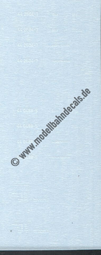 "Nass-Schiebebilder: Sonderangebot Spur TT: Lok-Komplettbeschriftung DR, Epoche 4, 44 2504-7/44 0488-5, Weiss Artikel-Nummer: 18124"
