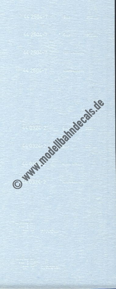 "Nass-Schiebebilder: Sonderangebot Spur TT: Lok-Komplettbeschriftung DR, Epoche 4, 44 2504-7/44 0324-2, Weiss Artikel-Nummer: 18125"