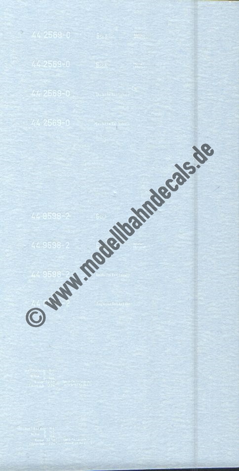 "Nass-Schiebebilder: Sonderangebot Spur TT: Lok-Komplettbeschriftung DR, Epoche 4, 44 2569-0/44 9598-2, Weiss Artikel-Nummer: 18127"