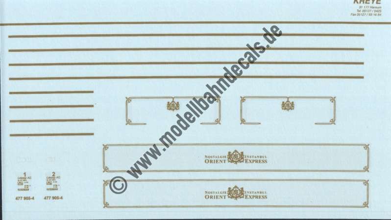 Nass-Schiebebilder: Sonderangebot Spur TT: Anschriften gold/messing für BR 477 für den Nostalgie Orient-Express, Artikel-Nummer: 18231