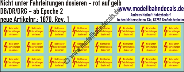 Nass-Schiebebilder: Nicht unter Fahrleitung dosieren - Rot auf Gelb. Artikel-Nummer: 1870