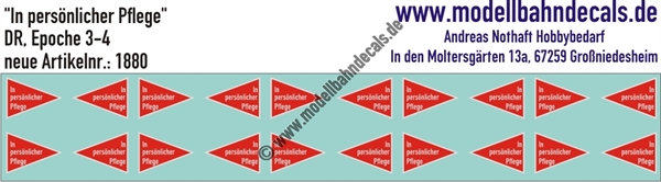 "Nass-Schiebebilder: ""In pers. Pflege"" - Lokschilder DR, Epoche 3-4. Artikel-Nummer: 1880"