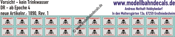 "Nass-Schiebebilder: Kein Trinkwasser, Rot /Schwarz auf Weiss mit Totenkopf, Epoche 4. Artikel-Nummer: 1890"
