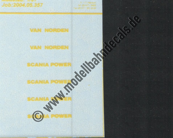 "Nass-Schiebebilder: Sonderangebot Spur H0: Anschriften in Gelb, 'Van Norden' und 'Scania Power' Artikel-Nummer: 19008"