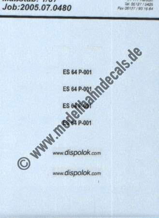 Nass-Schiebebilder: Sonderangebot Spur H0: Loknummern ES 64. Artikel-Nummer: 19039
