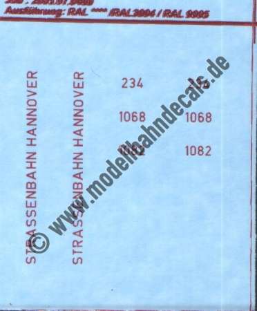 Nass-Schiebebilder: Sonderangebot Spur H0: Straßenbahn-Anschriften Hannover. Artikel-Nummer: 19047