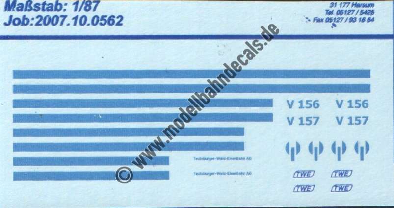 Nass-Schiebebilder: Sonderangebot Spur H0: Lok-Anschriften und Zierlinien für TWE (Teutoburger-Waldeisenbahn) Lok V 156 und V 157. Artikel-Nummer: 19095