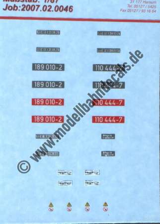 Nass-Schiebebilder: Sonderangebot Spur H0: Diverse Lokanschriften BR 189 und 110. Artikel-Nummer: 19126