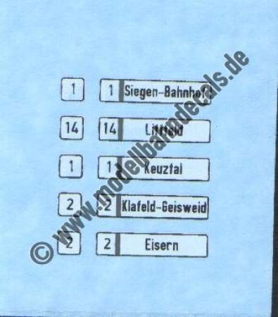 Nass-Schiebebilder: Sonderangebot Spur H0: Liniennummern und Zielschilder für Busse/Straßenbahnen. Artikel-Nummer: 19144