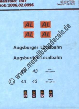 Nass-Schiebebilder: Sonderangebot Spur H0: Lokanschriften für Lok 43 der Augsburger Localbahn. Artikel-Nummer: 19156