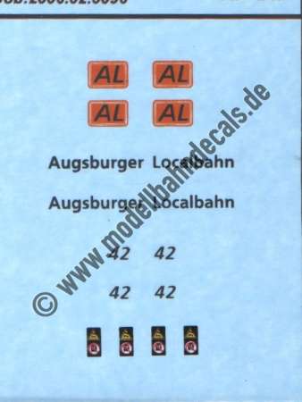 Nass-Schiebebilder: Sonderangebot Spur H0: Lokanschriften für Lok 42 der Augsburger Localbahn Artikel-Nummer: 19157