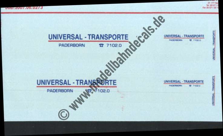 Nass-Schiebebilder: Sonderangebot Spur H0: LKW-Anschriften Universal-Transporte Paderborn blau/rot, Artikel-Nummer: 19207
