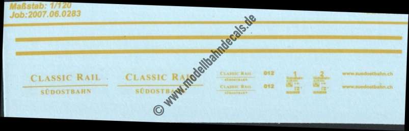 Nass-Schiebebilder: Sonderangebot Spur TT: verschiedene Anschriften+Zierstreifen Classic Rail, Südostbahn, Dunkelgelb, Artikel-Nummer: 19213
