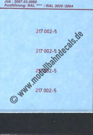 Nass-Schiebebilder: Sonderangebot Spur H0: 4 Loknummern dunkelrot 217 002-5, Artikel-Nummer: 19222