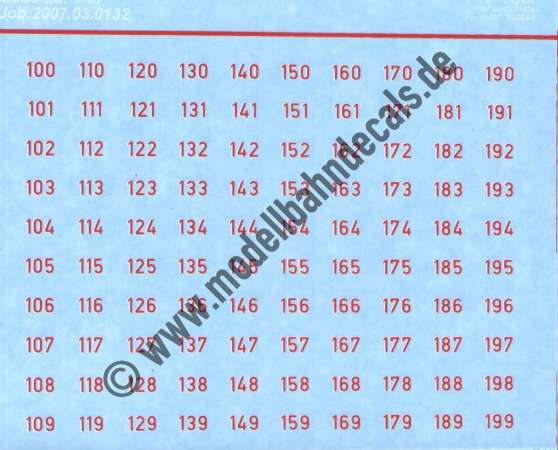 Nass-Schiebebilder: Sonderangebot Spur H0: Nummern von 100-199 rot, Artikel-Nummer: 19228