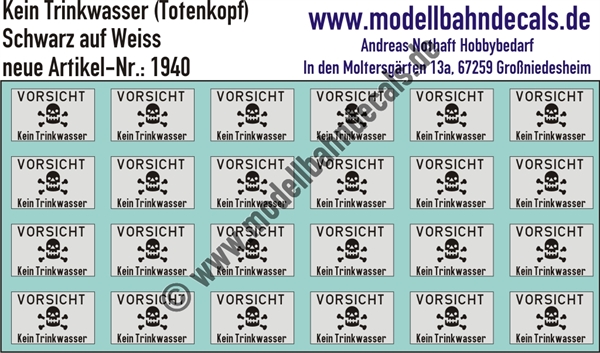 Nass-Schiebebilder: Totenkopf (kein Trinkwasser), Schwarz auf Weiss, Epoche 4, Artikel-Nummer: 1940