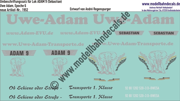 "Nass-Schiebebilder: Umbeschriftungssatz für Lok ADAM 9 (Sebastian), Silbern, Uwe Adam EVU GmbH, Epoche 6. Artikel-Nummer: 1952"