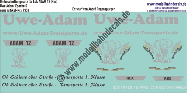 "Nass-Schiebebilder: Umbeschriftungssatz für Lok ADAM 12 (Rex), Silbern, Uwe Adam EVU GmbH, Epoche 6. Artikel-Nummer: 1953"