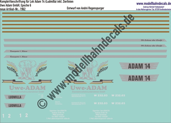 "Nass-Schiebebilder: Komplettbeschriftungs für Lok 14 (Ludmilla), Silbern + Zierstreifen, Uwe Adam EVU GmbH, Epoche 6. Artikel-Nummer: 1962"
