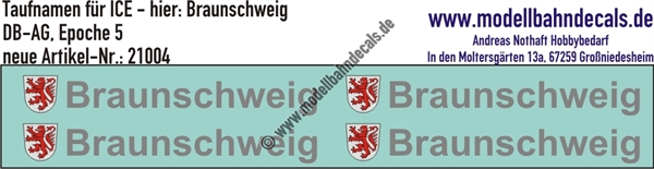 "Nass-Schiebebilder: Taufnamen für ICE ""Braunschweig"", DB-AG, Epoche 5. Artikel-Nummer: 21004"