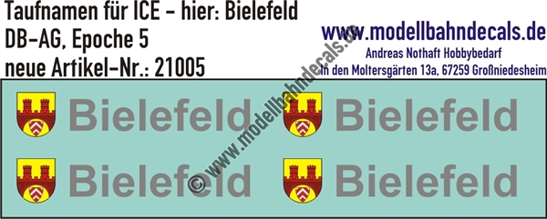 "Nass-Schiebebilder: Taufnamen für ICE ""Bielefeld"", DB-AG, Epoche 5. Artikel-Nummer: 21005"