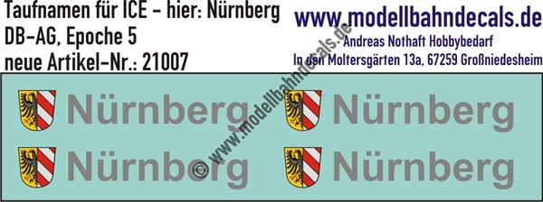 "Nass-Schiebebilder: Taufnamen für ICE ""Nürnberg"", DB-AG, Epoche 5. Artikel-Nummer: 21007"