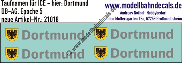 "Nass-Schiebebilder: Taufnamen für ICE ""Dortmund"", DB-AG, Epoche 5. Artikel-Nummer: 21018"