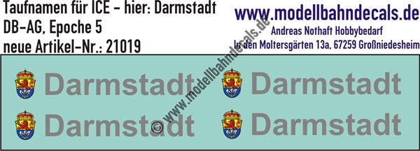 "Nass-Schiebebilder: Taufnamen für ICE ""Darmstadt"", DB-AG, Epoche 5. Artikel-Nummer: 21019"