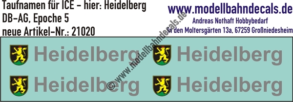 "Nass-Schiebebilder: Taufnamen für ICE ""Heidelberg"", DB-AG, Epoche 5. Artikel-Nummer: 21020"