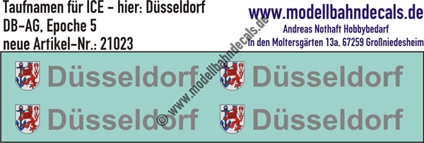 "Nass-Schiebebilder: Taufnamen für ICE ""Düsseldorf"", DB-AG, Epoche 5. Artikel-Nummer: 21023"