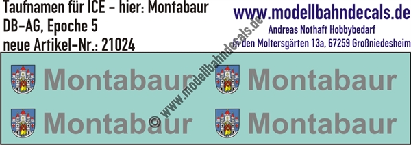 "Nass-Schiebebilder: Taufnamen für ICE ""Montabaur"", DB-AG, Epoche 5. Artikel-Nummer: 21024"
