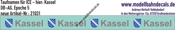 "Nass-Schiebebilder: Taufnamen für ICE ""Kassel"", DB-AG, Epoche 5. Artikel-Nummer: 21031"